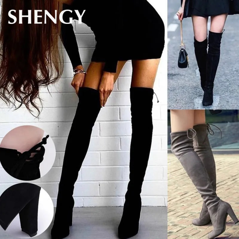Botas Longas sexy para Mulheres Salto Alto camurça rendas até o Joelho Outono/Inverno passo a frente na Elegância.