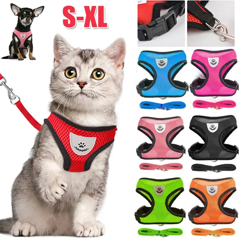 Colete Arnês para cães e gatos com trela de chumbo, ajustável, malha de poliéster, acessórios para cães pequenos e gatos.