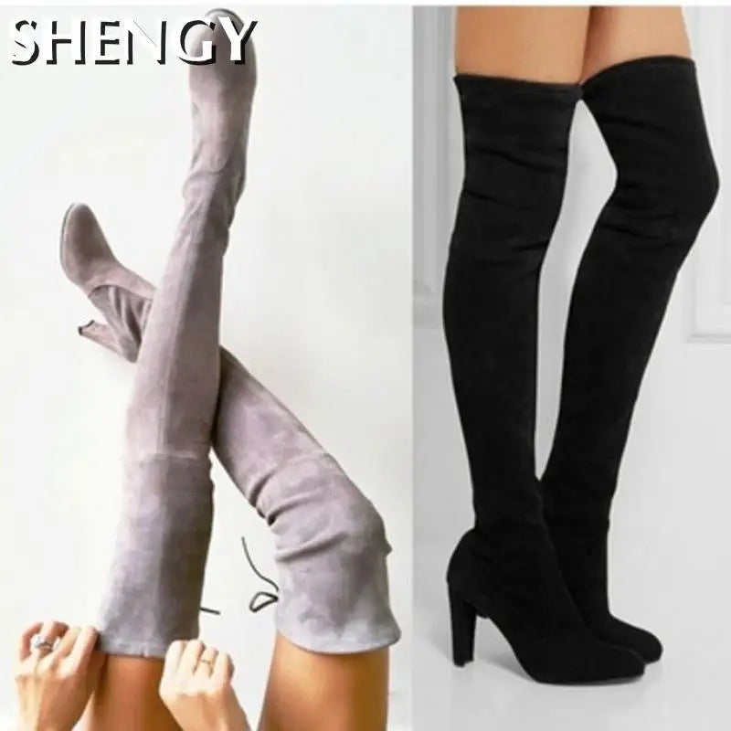 Botas Longas sexy para Mulheres Salto Alto camurça rendas até o Joelho Outono/Inverno passo a frente na Elegância.