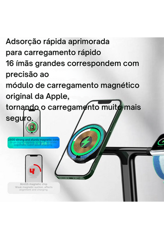 Carregador Suporte Magnético 3 em 1 de carga sem fio de 20 W para telefone iPhone 15 14 Pro Airpods Apple.