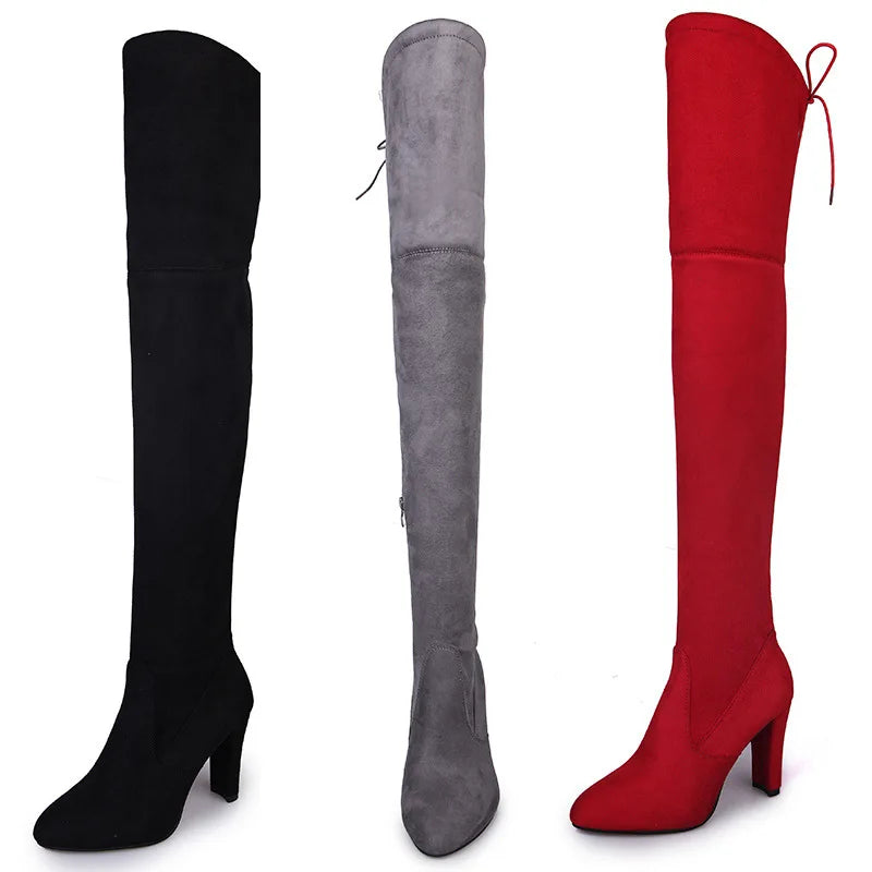 Botas Longas sexy para Mulheres Salto Alto camurça rendas até o Joelho Outono/Inverno passo a frente  na Elegância.