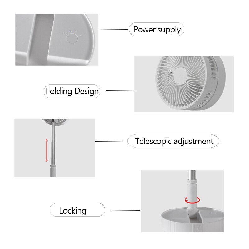 Ventilador USB Recarregável Portátil Dobrável, sem Fio, 4 Velocidades,.